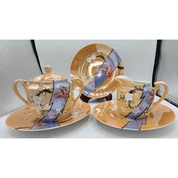 Vtg Hand Painted Japanese Lusterware Set. 3 plates 7 1/4", Sugar Bowl & Creamer - Picture 2 of 14